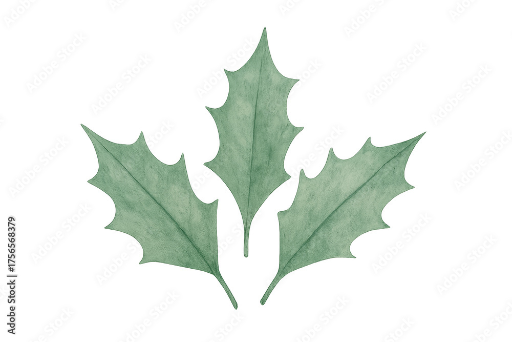 Fototapeta premium Green holly leaves watercolor drawing transparent background