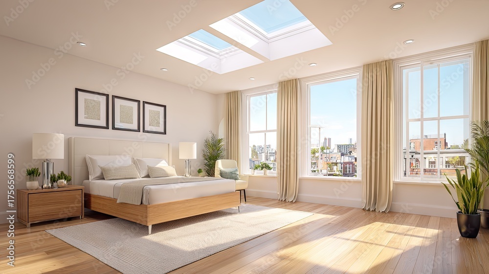Fototapeta premium Spacious bedroom interior with natural light from windows and skylights