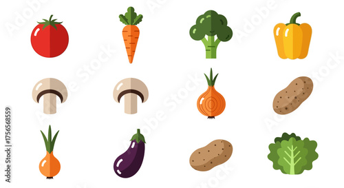 Flatstyle icons of vegetables tomato carrot broccoli pepper mushrooms onions potato eggplant and lettuce