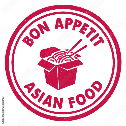 Delicious Asian food in a cozy takeaway setting with chopsticks and noodles red rubber stamp