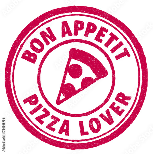 Bon Appetit stamp with pizza slice design promoting love for pizza and culinary enjoyment red rubber stamp