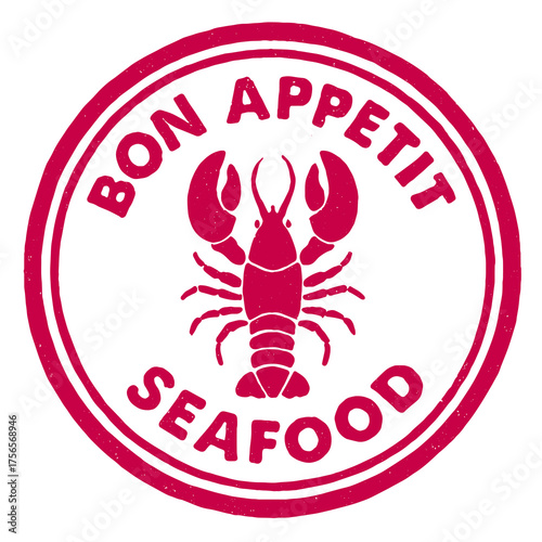Lobster seal design in bold colors for a seafood brand featuring the phrase Bon Appetit at the center of the emblem red rubber stamp