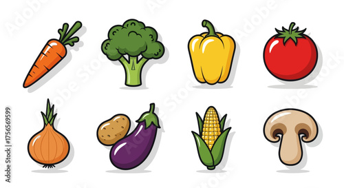 Vegetables carrot broccoli bell pepper tomato onion potato eggplant corn mushroom are neatly displayed