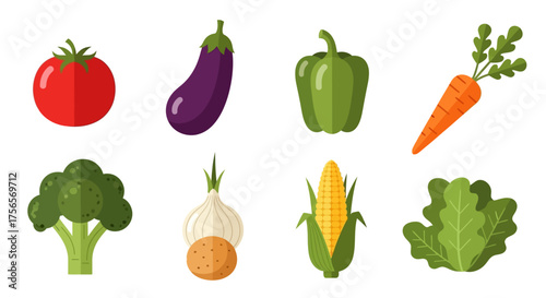 Vegetables displayed include tomato eggplant pepper carrot broccoli onion corn lettuce