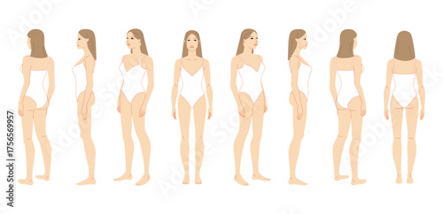 Vector illustration of a 7 head woman in white swimsuit, displaying multiple angles including front, side, and back. Perfect for fashion sketches, anatomy reference, and style design.