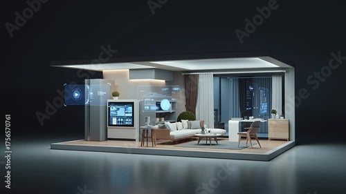 Modern open-plan living room and dining area inside an illuminated contemporary apartment cutaway