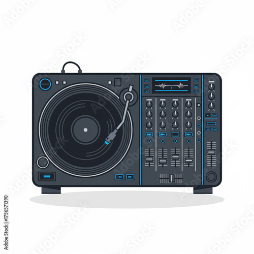 Modern DJ setup with a vinyl record player and audio mixing console. Flat vector illustration of professional electronic music equipment