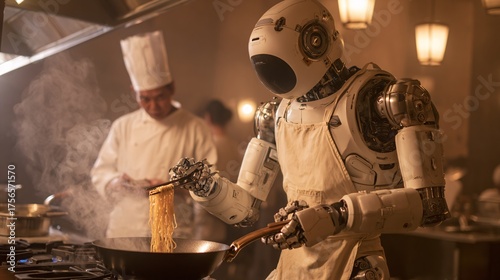 Futuristic robot chef cooks noodles in a pan with chopsticks in a kitchen.