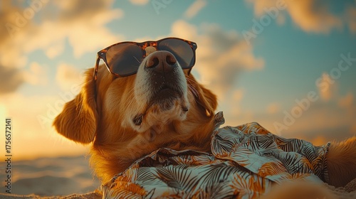 Golden Retriever Dog Wearing Sunglasses and Hawaiian Shirt Relaxing on Beach at Sunset.