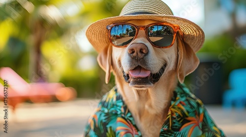 Dog enjoying a tropical vacation with hat, sunglasses, and Hawaiian shirt.