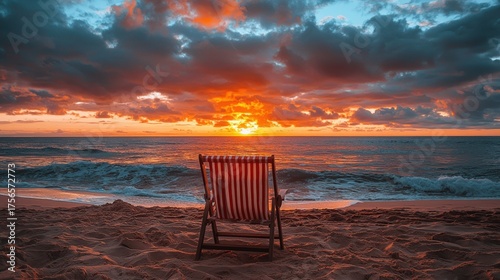 Empty Beach Chair Facing Vibrant Ocean Sunset with Dramatic Clouds.