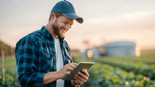 A man using a tablet in a field during sunset, symbolizing modern agriculture and technology integration.