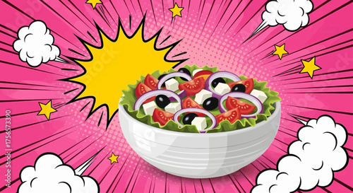 Pop art comic style salad bowl of healthy food. A fresh meal vector illustration poster design on a retro rays background