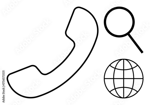 Phone receiver, magnifying glass, and globe icon emphasizing global communication, customer support, or online search. Ideal for technology, business, telecommunications, global reach networking