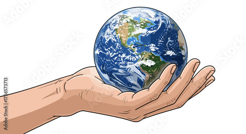 Human Hand Gently Holding Planet Earth symbolizing global care protection and environmental responsibility isolated on transparent background