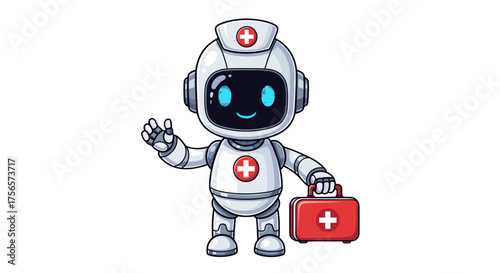 Friendly Robot Medic Character Holding First Aid Kit Offering Help and Assistance Isolated on Transparent Background