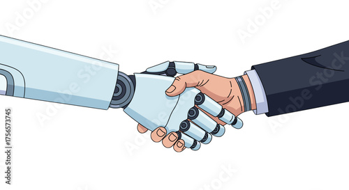 Human hand shaking robotic arm symbolizing technology partnership and collaboration isolated on transparent background