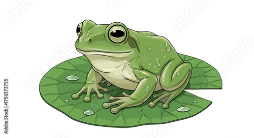Green Tree Frog Sitting on Lily Pad with Water Droplets Isolated on Transparent Background Natural Wildlife Symbol