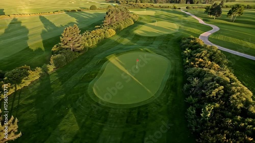 Stunning Aerial View of a Lush Golf Course Featuring Curving Fairways and Dense Tree Lines