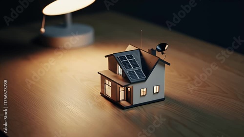 Sumptuous close-up of a tiny illuminated model house resting on a wooden desk under a warm lamp