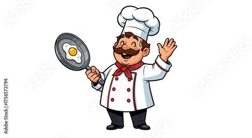 Happy Chef Holding Frying Pan with Fried Egg Waving Hello Isolated on Transparent Background Cheerful Cooking Professional