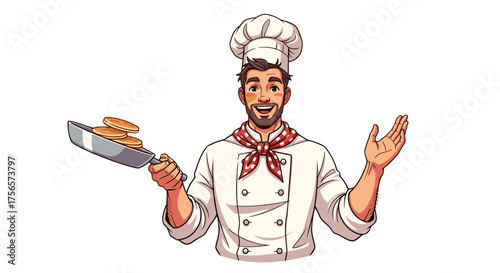 Happy Cheerful Chef Holding Pancakes on Frying Pan with Open Arms Isolated on Transparent Background
