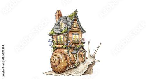 Charming Snail House Fantasy Creature with Cute Cozy Home on Shell Isolated on Transparent Background