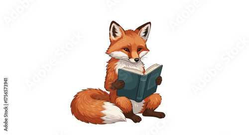 Charming Red Fox Reading a Book Isolated on Transparent Background Expressing Wisdom and Curiosity