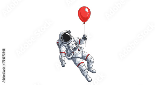 Astronaut Floating Holding Red Balloon Serene Space Exploration Journey Isolated on Transparent Background Wonder