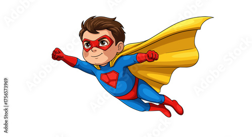 Joyful Little Superhero Boy Flying With Yellow Cape and Red Heart Emblem Isolated on Transparent Background