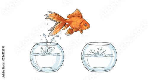 Bright orange goldfish leaping from one bowl to another symbolizing ambition freedom and new beginnings isolated on transparent background