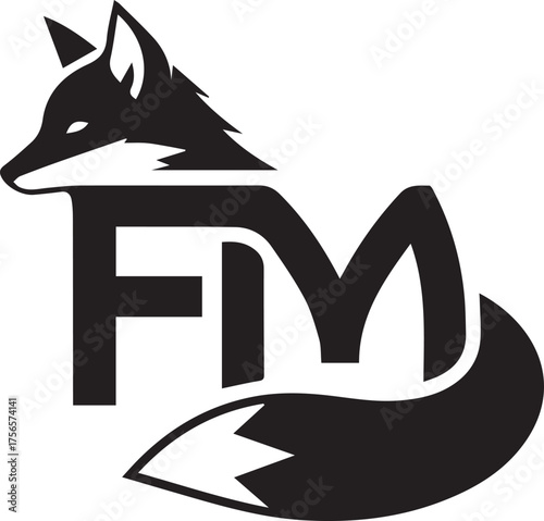 Minimalist FM fox silhouette logo – black-and-white design with fox head and tail wrapped around letters “F” and “M” for branding, initials, and clever identity.