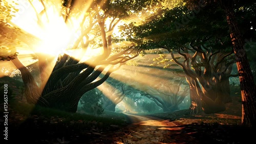 Sunlit Forest Canopy at Golden Hour With Rays Piercing Through Dense Green Foliage