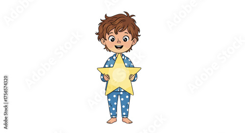 Little Boy in Pajamas Joyfully Holding a Glowing Star Isolated on Transparent Background Symbolizing Dreams and Hope