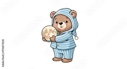 Adorable sleepy bear wearing striped pajamas holding a bright moon isolated on transparent background for sweet dreams