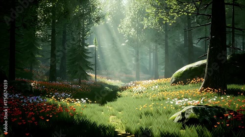 Sunlit Forest Clearing with Blooming Wildflowers and Dappled Light Through Tall Trees