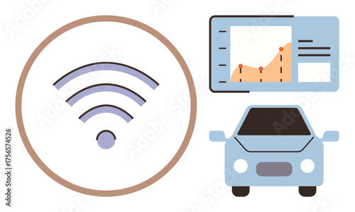 Wireless signal icon, car, data analytics dashboard showcasing smart technology in transportation. Ideal for IoT, smart cities, autonomous vehicle, connectivity, mobility, data analysis innovation