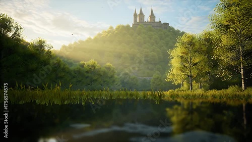 Sunlit hilltop castle overlooking tranquil lake surrounded by lush trees at golden hour