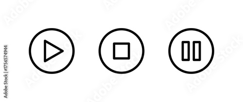 Play stop and pause icons in minimalist circular design, Video icons, Media player button icons, Music player control buttons, Vector illustration.