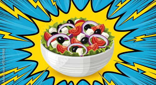 Pop art comic style salad bowl of healthy food on a vibrant retro rays background, a vector illustration poster design