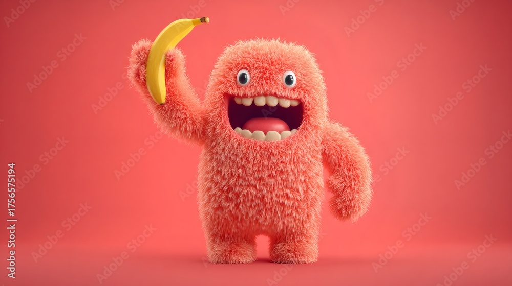 Fototapeta premium Cute fluffy monster character with big happy smile holding a banana. Funny animated creature for children's healthy eating promotion.