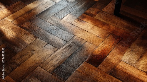 Herringbone wood floor with sunlit patterns and dark corner