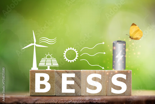BESS texts on timbers or Battery Energy Storage System and icons on natural background.