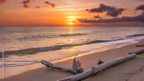 Sunset on the beach with waves and orange sky