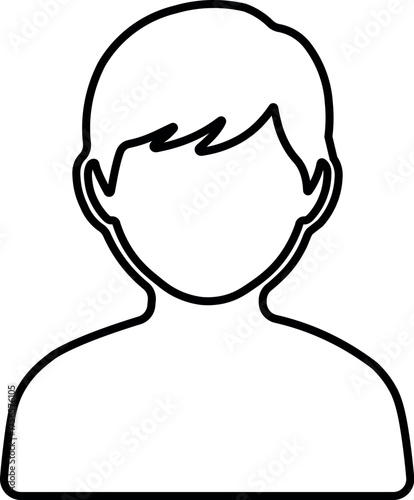 Simple outline icon of a  young person s head and shoulders with short hair representing a user or profile