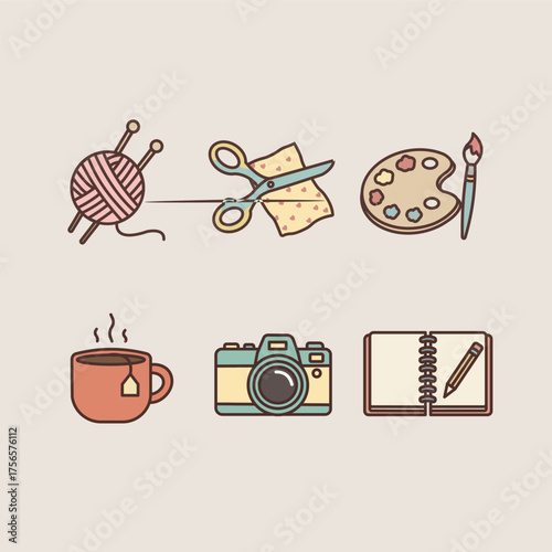 Cozy Hobby Icon Set – Knitting, Painting, and Creative Crafts Flat Vector