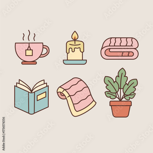 Cozy Reading and Relaxation Icon Set – Hygge Lifestyle Flat Vector Illustration