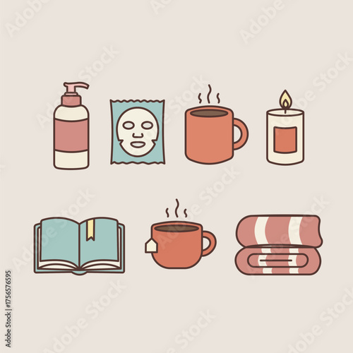Self Care Beauty Routine Icon Set – Cozy Wellness and Skincare Flat Vector