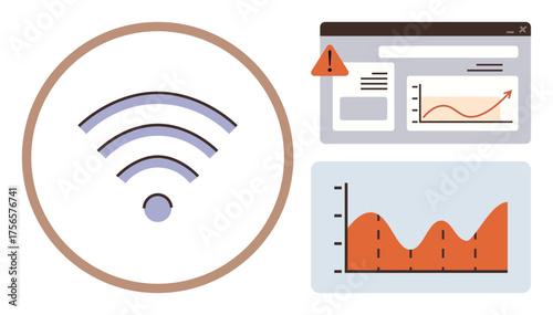 wireless signal icon in circle, web alert interface, and fluctuating data graph. Ideal for connectivity, troubleshooting, technology, analytics, monitoring communication signal strength. Simple