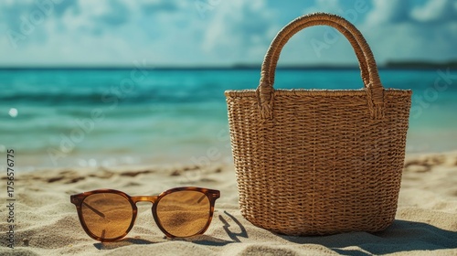 Beach Essentials - Wicker Bag and Sunglasses on Sandy Shore with Ocean Background.